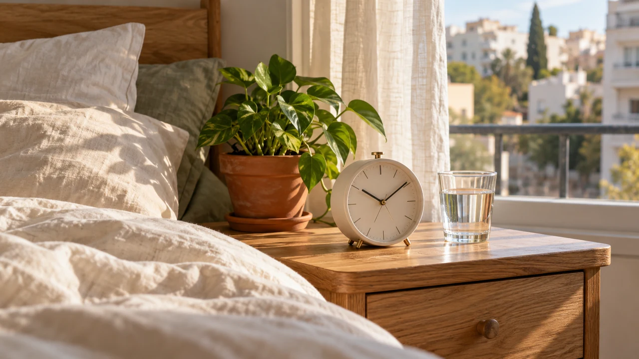 An alarm clock, a glass of water and a plant on a wooden bedside table by a window in morning light.