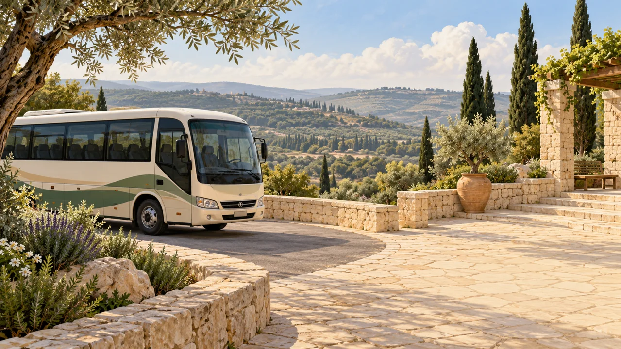 מיניבוס חונה ליד רחבה מרוצפת מול גבעות