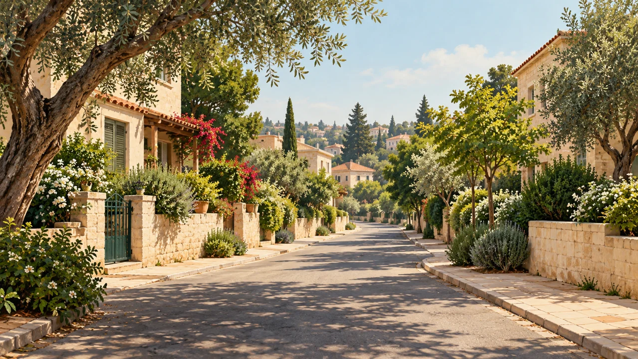 רחוב שקט עם בתים נמוכים, גדרות אבן וצמחייה