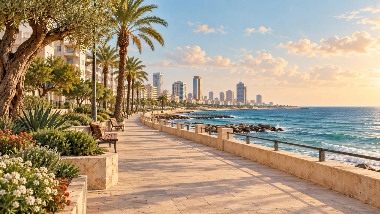 טיילת עם עצי דקל וספסלים לצד ים ובניינים באופק