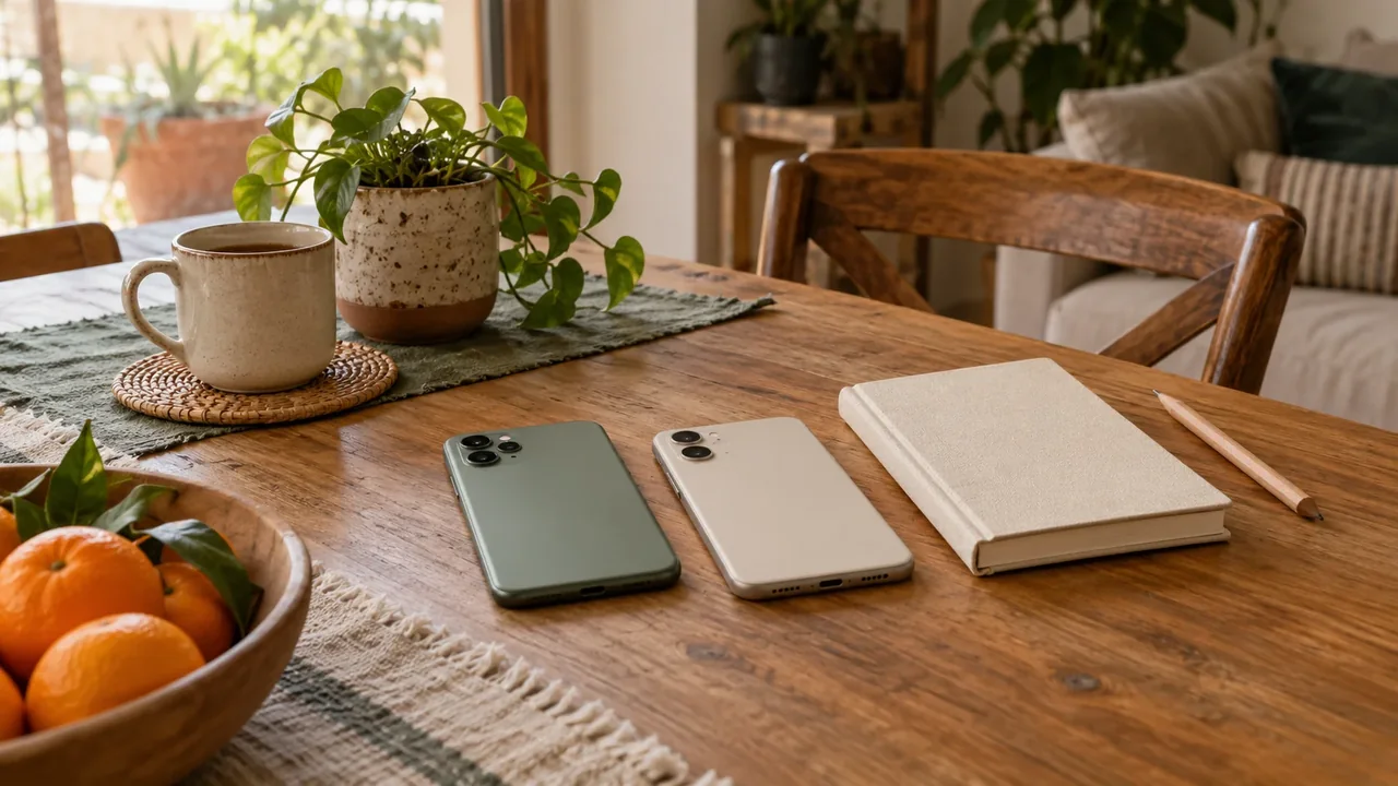 Two unbranded phones face down beside a plain notebook, pencil and mug on a wooden table