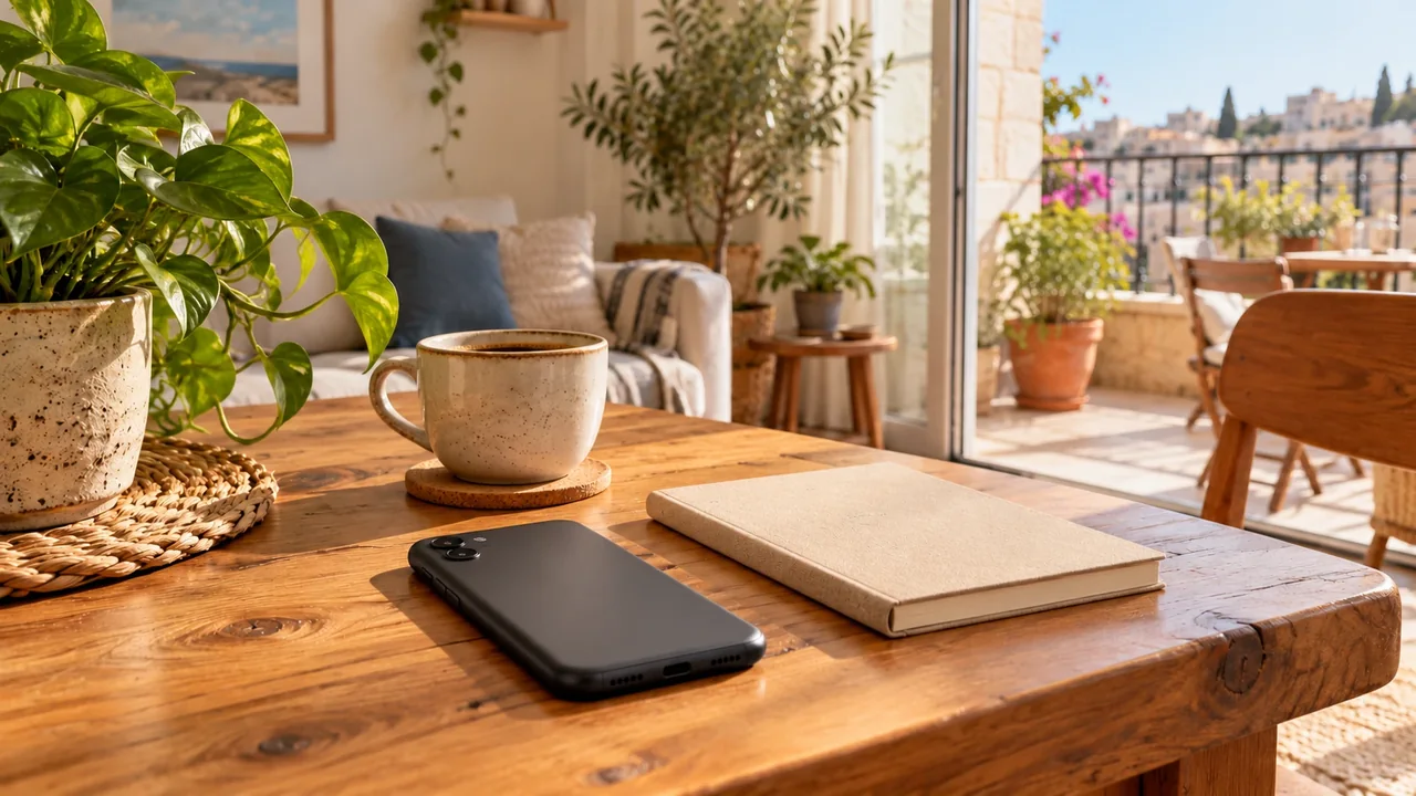 A phone face down beside coffee and a plain notebook on a wooden table in a sunlit home.