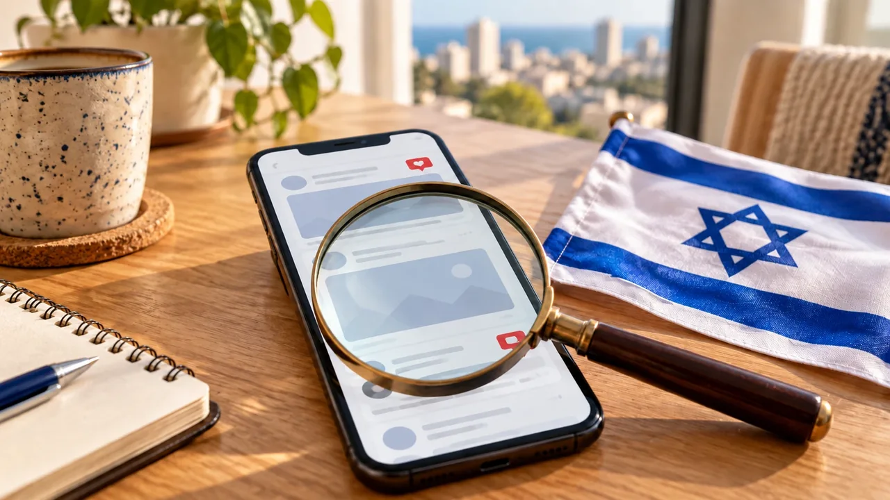 A smartphone with a generic social media feed, a magnifying glass and a small Israeli flag on a wooden table.