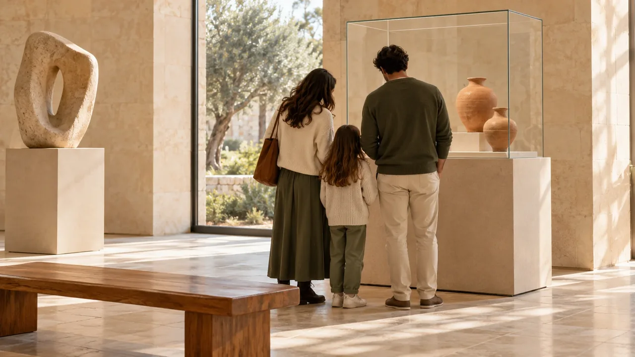 Family seen from behind looking at pottery in a quiet museum gallery beside a wooden bench