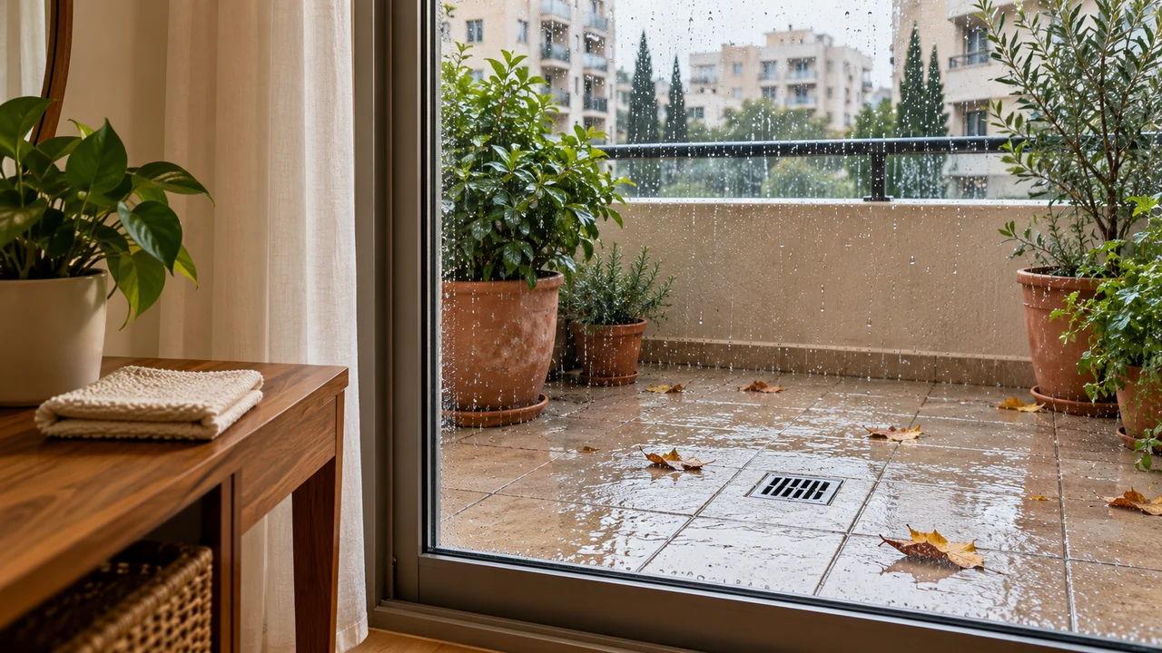 Raindrops on a glass door, a wet balcony with a drain and potted plants, and a wooden surface inside the home.